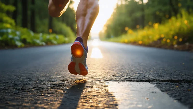 Close-up of a runner's Achilles tendon during a morning run in golden light
