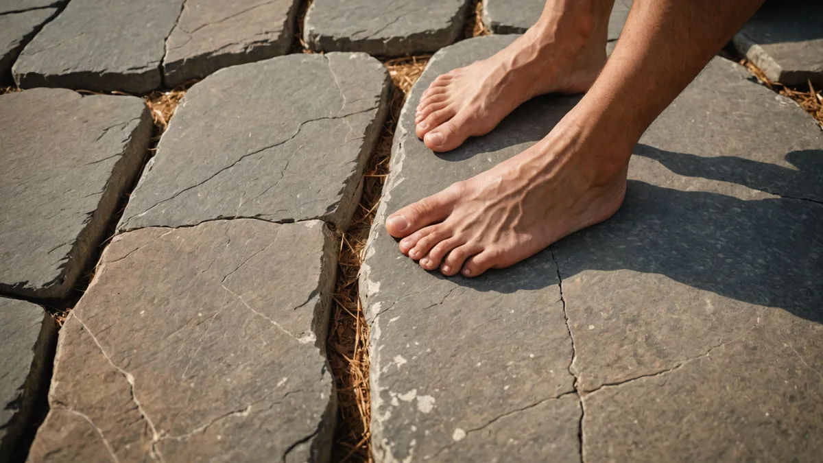 Bare foot pressing on textured natural stone surface