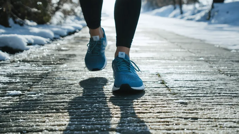 Minimalist running shoes on a frosty morning path in early winter light
