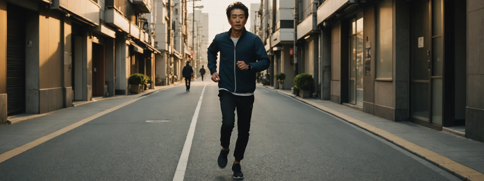 Person running at dawn on Tokyo side street wearing NEULO Arc Runner shoes